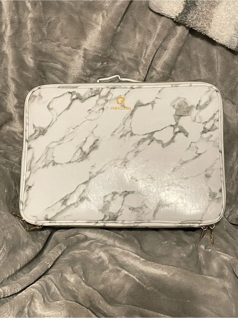 White Marble Travel Cosmetic Case with Gold Logo